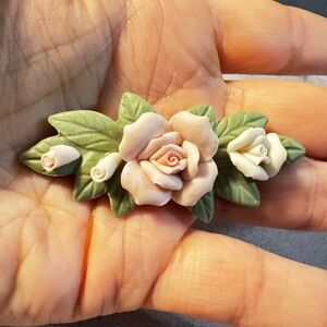 Handcrafted Floral Rose Brooch Clay Pin Vintage Style Cottagecore 2.5 Inch